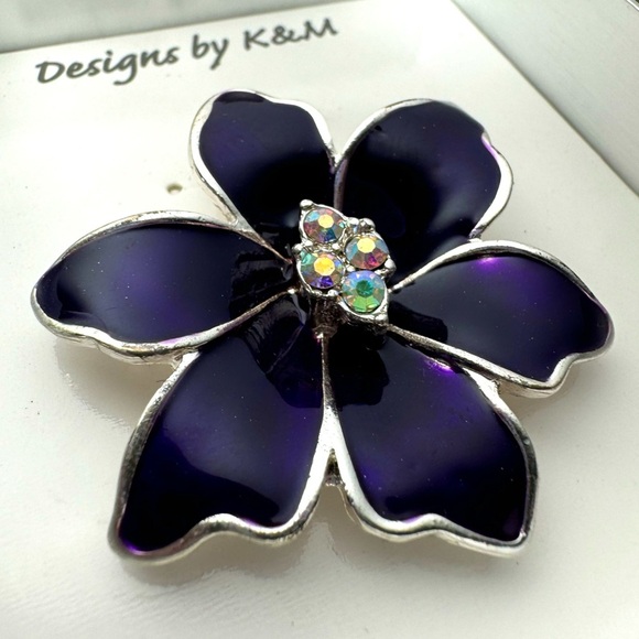 Designs By K&M Purple Flower Brooch Pin Rhinestone Enamel Silver Statement Piece - Picture 1 of 3